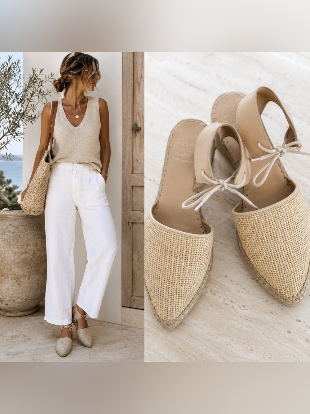 Andre Assous Handsewn Spain Raffia D’Orsay Flats Ankle Tie‎ Leather EU 38 US 8